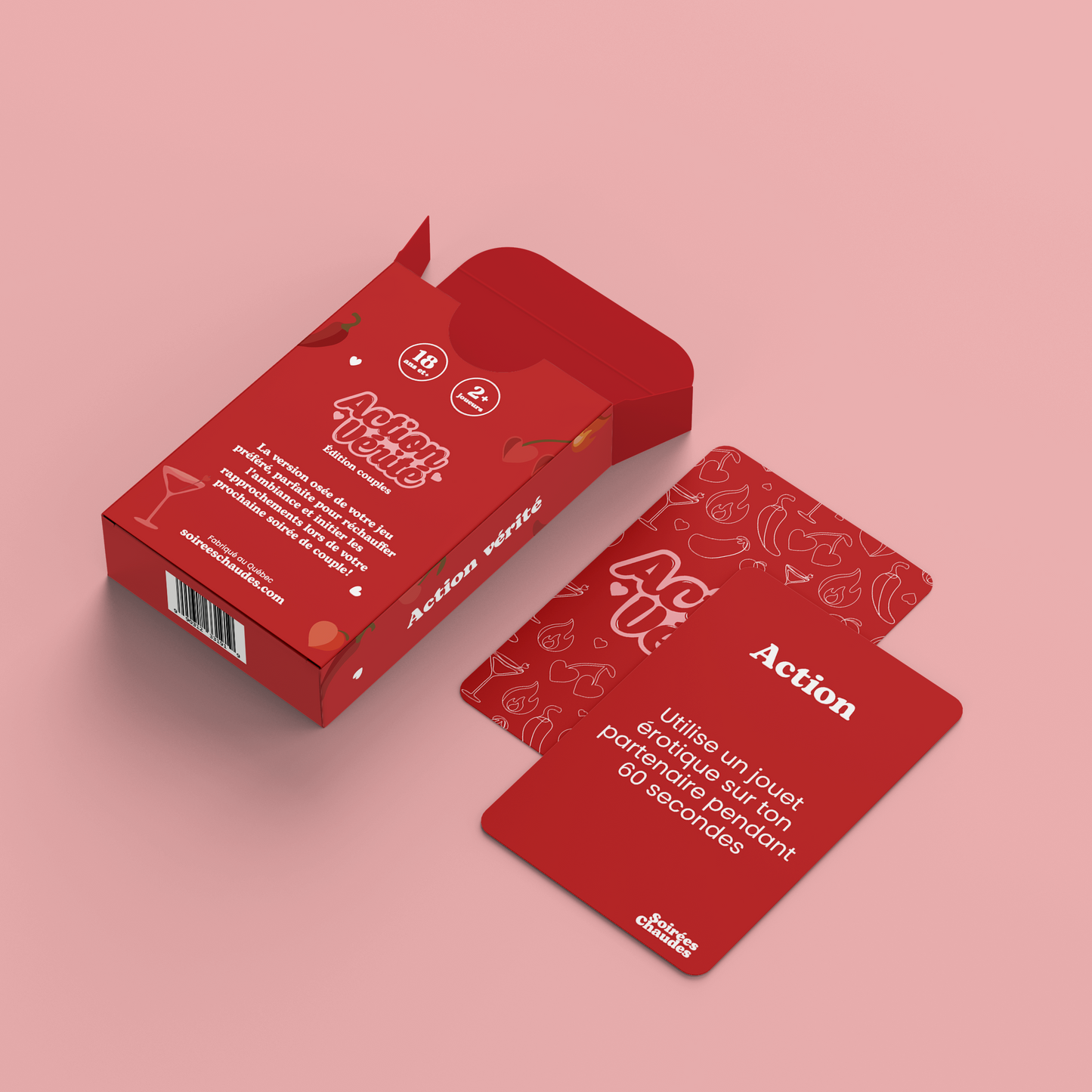Mockup du jeu de cartes érotique spicy Action vérité (édition couples) où on voit le dos du paquet et un exemple de carte action